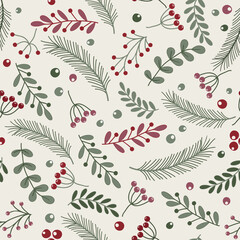 abstract Christmas foliage pattern. Tossed fir tree branch, snowflakes, winter background. Winter holiday all over print. Festive gift wrapping paper illustration. Seamless vector swatchОсновные RGB