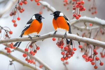 two magpies on a branch of a persimmon. covered in white snow. generative AI
