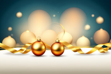 Golden and blue balls with bokeh lights on a green Christmas tree with cones, winter background for greeting card, atmosphere of cosiness and celebration
