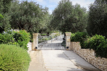 Fototapeta na wymiar Metal driveway property entrance gates set in concrete fence with garden trees in background