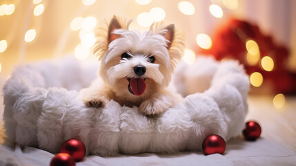 Fototapeta na wymiar cute little dog on a New Year's background, festive winter mood, lights