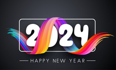 New Year 2024 white paper numbers for calendar header with gradient color 3d curled ribbon on grey background. - obrazy, fototapety, plakaty