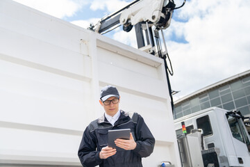 Manager with a digital tablet next to garbage truck