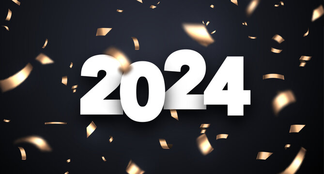 New Year 2024 background with white paper numbers with golden foil blurred confetti on dark background.