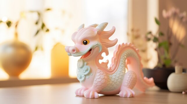 A pink dragon figurine on a table, AI - Powered by Adobe