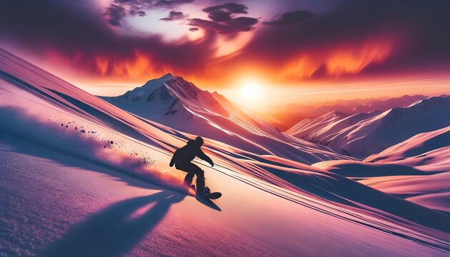 Man riding snowboard downhill from top of mountain, extreme sport concept, winter background