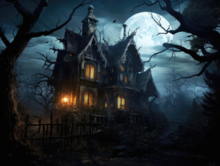 spooky halloween house in the moonlight