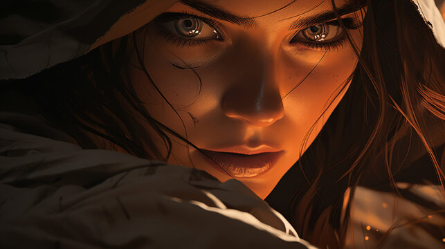 A character in a moment of sheer determination, eyes steely with unwavering resolve.