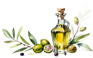 Olives with leaves and flowers. Olive oil in a bottle Made with watercolors. Transparent background. AI