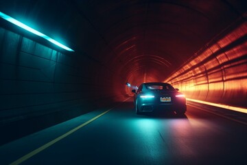 a vehicle passing through a lit tunnel with neon lights and another vehicle on opposite side. Generative AI - obrazy, fototapety, plakaty