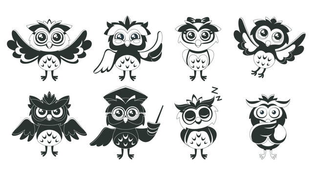 Adorable Black And White Owls Characters With Big, Round Eyes. Their Monochrome Feathers Add Charm, Vector Illustration