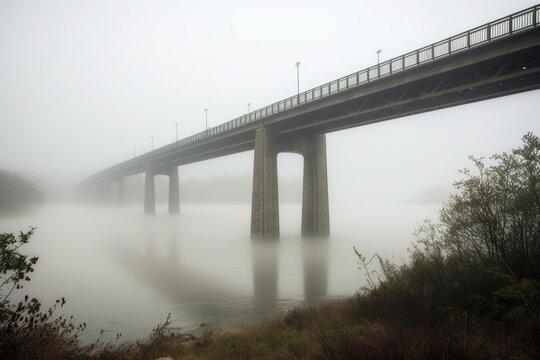 A misty bridge spanning over a river. Generative AI