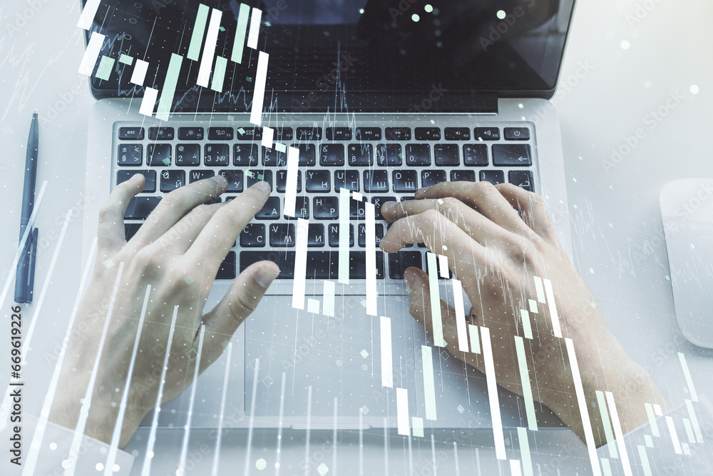 Poster multi exposure of abstract creative financial chart with hand typing on computer keyboard on backgro