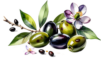 Olives with leaves and flowers. Done in watercolor. Transparent background. AI