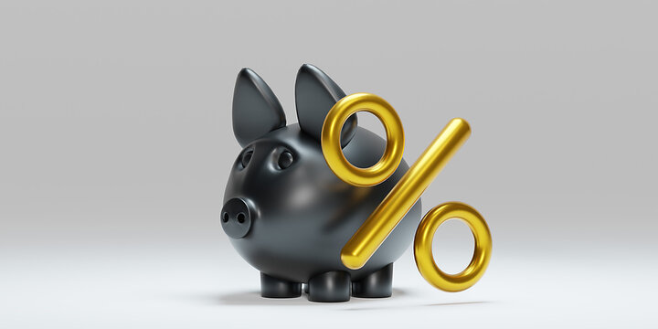 Black piggy bank and gold percentage on a wite background. 3d render illustration. Black Friday.