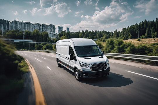White modern delivery small shipment cargo courier van moving fast on motorway road to city urban suburb. Business distribution and logistics express service