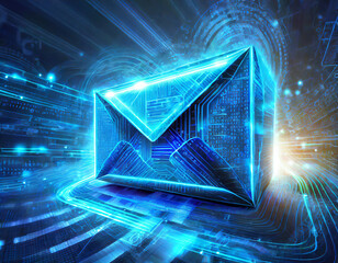 Futuristic blue digital express email envelope and parcel abstract technology background. Business quantum internet network communication high-speed delivery and email text sending message service