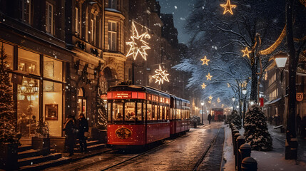 Fototapeta na wymiar Illuminated City with Christmas Decorations on a Snowy Evening, Christmas Atmosphere, High-Quality 4K