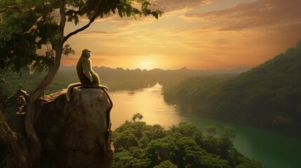 As the sun set over the jungles green sea the monkey generative ai