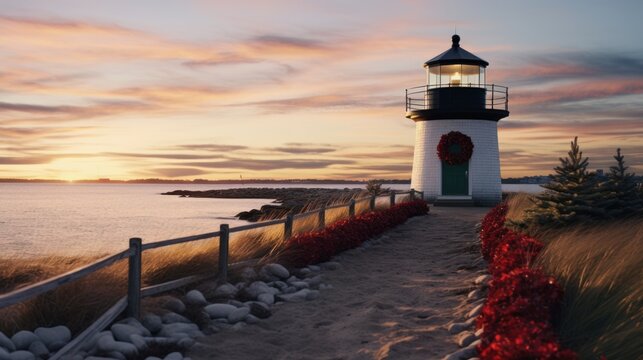 Twilight Christmas Cheer at Nantucket's Brant Point Lighthouse adorned with a Wreath
