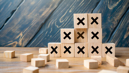 Plenty many wooden blocks full crossed marks table background. Wrong mistakes failure faults symbol icon. Defect malfunction error bug imperfection inaccuracy product manufacturing production - obrazy, fototapety, plakaty