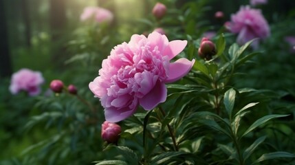 Fototapeta premium Beautiful pink peony background Blooming peony flower generative ai