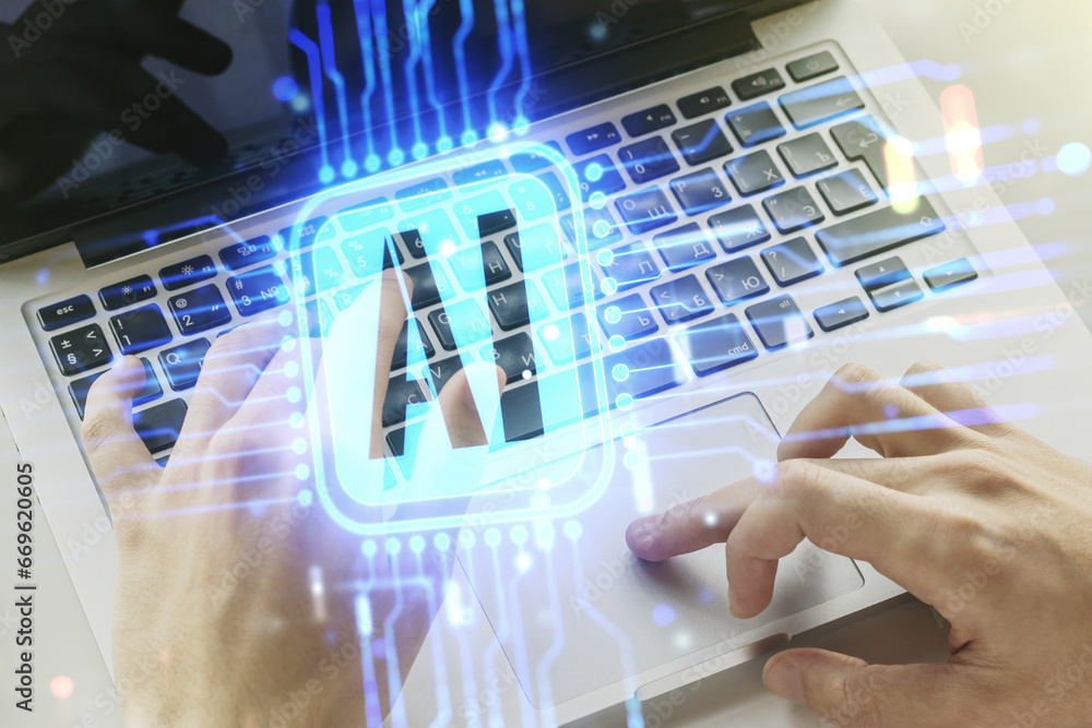 Poster double exposure of creative artificial intelligence icon with hands typing on laptop on background. 