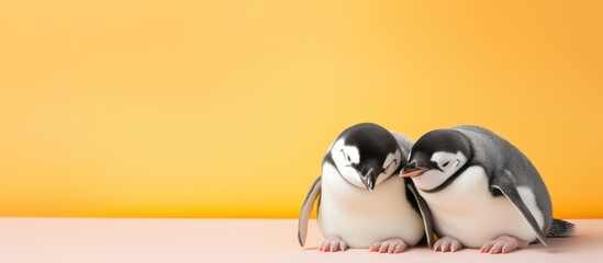 Tiny penguins snooze with timekeeper - obrazy, fototapety, plakaty