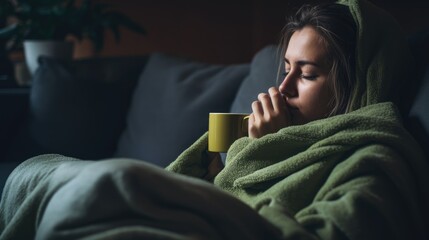 Shivering woman catching cold lying on a sofa with lots of blankets - obrazy, fototapety, plakaty