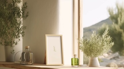 Blank wooden vertical picture frame mockup books generative ai