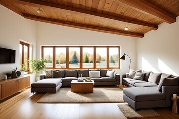 Scandinavian home interior design of modern living room in attic with lining ceiling. AI Generated