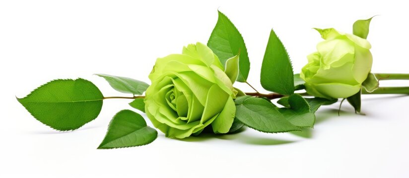 White background with isolated green leaf and rose