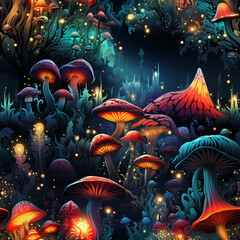 Fototapeta na wymiar Nahtloses Muster mit magischen Pilzen, bunte Farben, Nachtleuchten