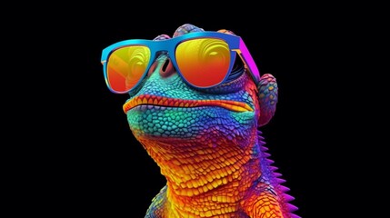 Cartoon colorful iguana with sunglasses on isolated generative ai