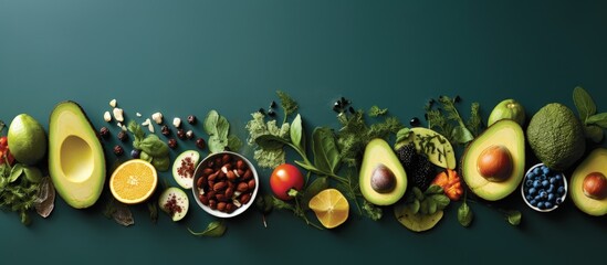 different foods with different vitamins and minerals, such as avocado, spinach, and eggs on a green...