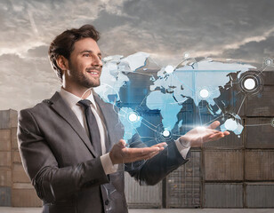 Businessman holding virtual interface panel of global logistics network distribution, Smart Global Logistics international delivery concept, World map