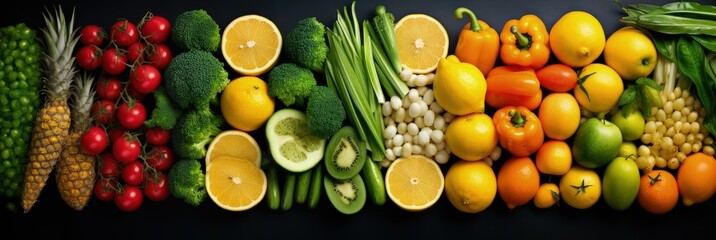 a rainbow of fruits and vegetables is shown in a montage, in the style of macro perspectives, yellow and emerald, multi-panel compositions, silver and orange, kimoicore, monochrome toning, decorative 