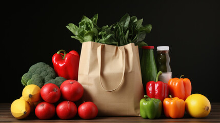 Fresh groceries arranged on a table with a reusable tote bag