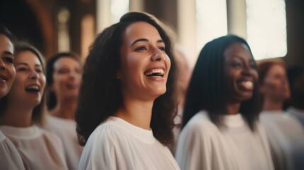 a church choir singing hymn with joy, showcasing the power of music in worship. generative AI - obrazy, fototapety, plakaty