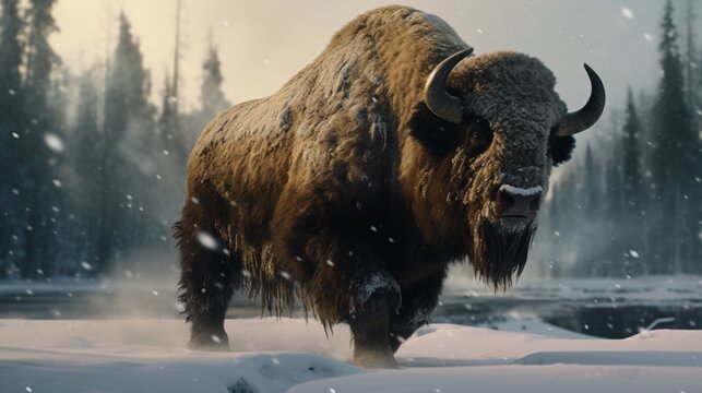 A bison covered in snow generative ai
