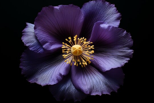 A big violet bloom with golden middle against a dark backdrop. Generative AI