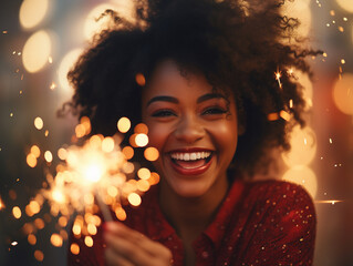 Portrait of smiling beautiful young black woman celebrating Christmas with sparklers