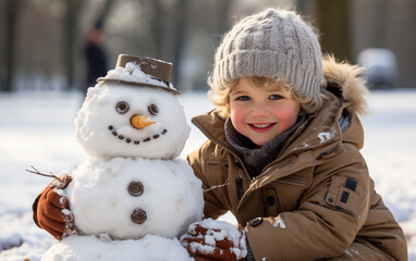 A happy toddler makes a funny snowman