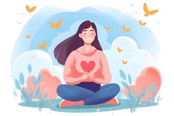 Happy woman with heart feeling in love in flat style.