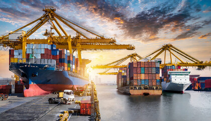 Logistics and transportation of Container Cargo ship and Cargo plane with working crane bridge in shipyard at sunrise, logistic import export and transport industry background