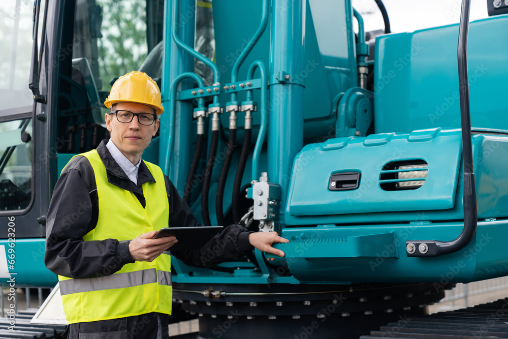 Aufkleber engineer in a helmet with a digital tablet stands next to construction excavators.