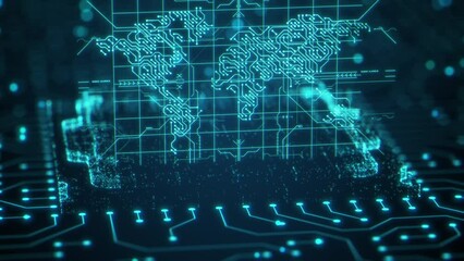 World map and earth sphere on CPU integrated circuit board. 3D render abstract background. Blockchain web 3.0 defi and crypto currency NFT concept. Bitcoin mining and cryptocurrency wallet - Powered by Adobe