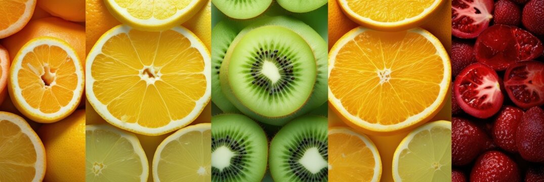 rainbow health food mtg food uv healthy fruit, in the style of conceptual-collage, yellow and silver, decorative backgrounds, orange and emerald, patchwork patterns, split toning, close-up shots