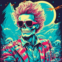 Vaporwave poster of skeleton with nicely done hair, Generative AI