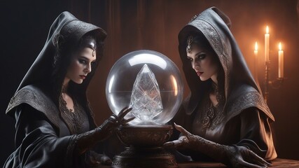 two women in the night  Beautiful witches or fortune tellers with a crystal ball, studio shot over a smoky background 